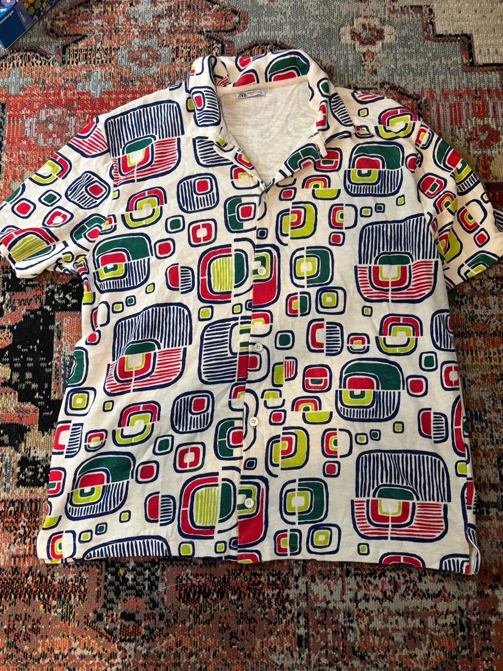 Zara Camp Collar Shirt Mens XL Extra Large Geo Print Cotton Button Up